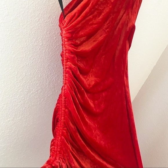 Monse Velvet One Shoulder Drawstring Asymmetric Dress Scarlet 4 NWT - Picture 5 of 16